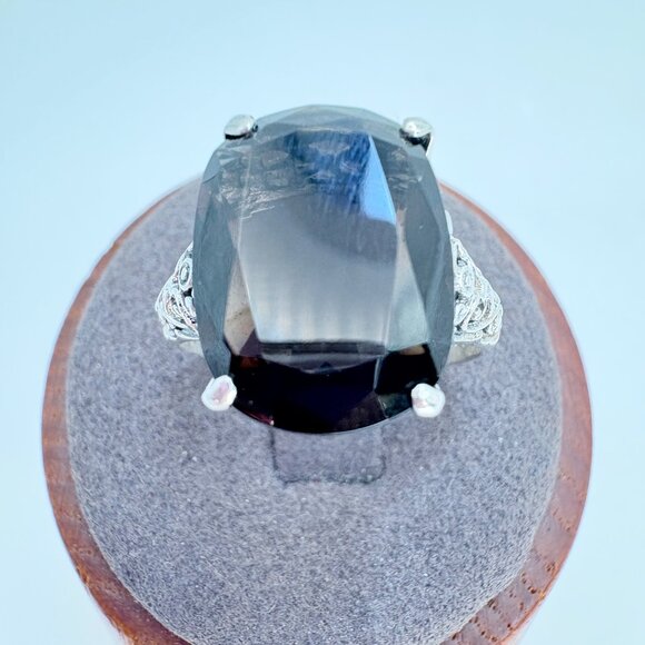 VTG Sterling Silver 925 Smoky Quartz Scroll Shoulders Statement Ring Size 8.75 - Picture 5 of 10